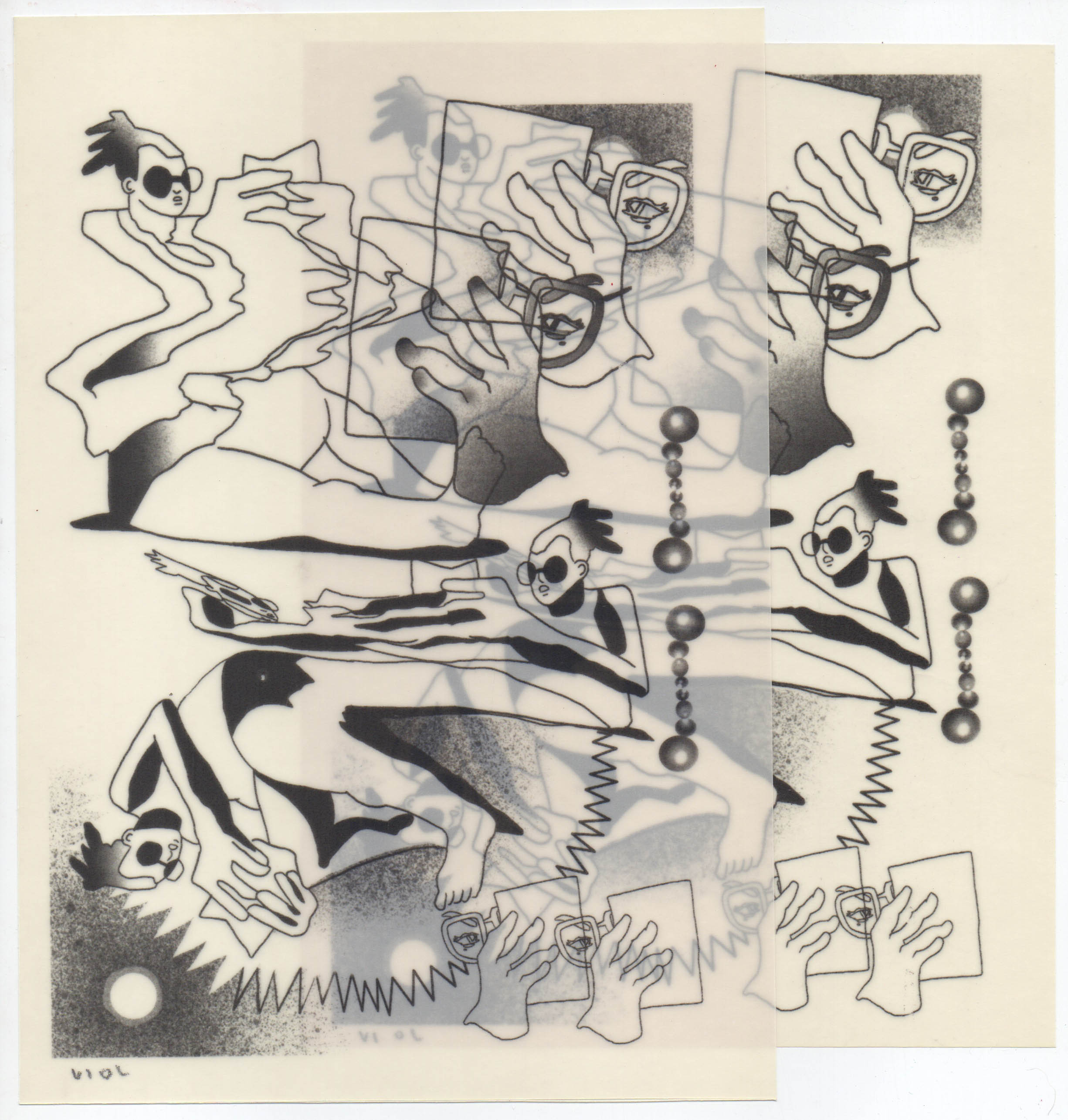 impresion digital sobre papel calco, escaner, movimiento, dibujo, tecnica mixta